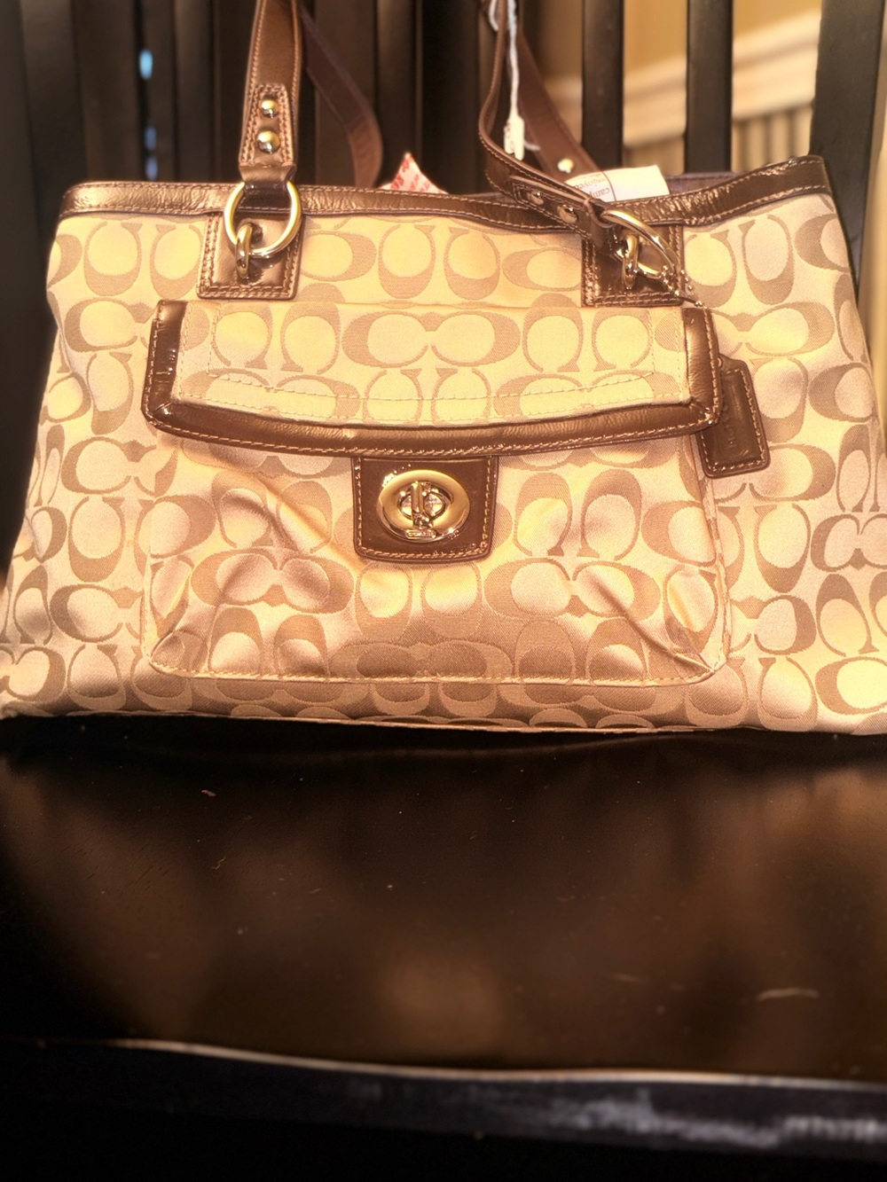 Coach Signature Penelope khaki & brown shoulder Bag f19043 like new - Picture 2 of 13